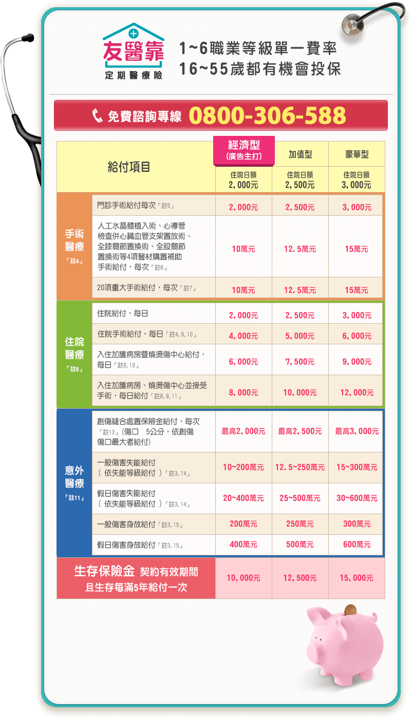 友醫靠定期醫療險保障內容